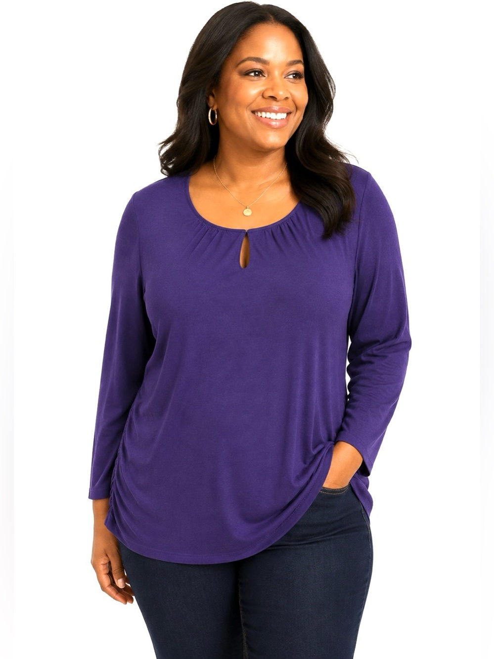 Sejour Purple Keyhole Ruched Long Sleeve Tunic Top Plus Size 2X